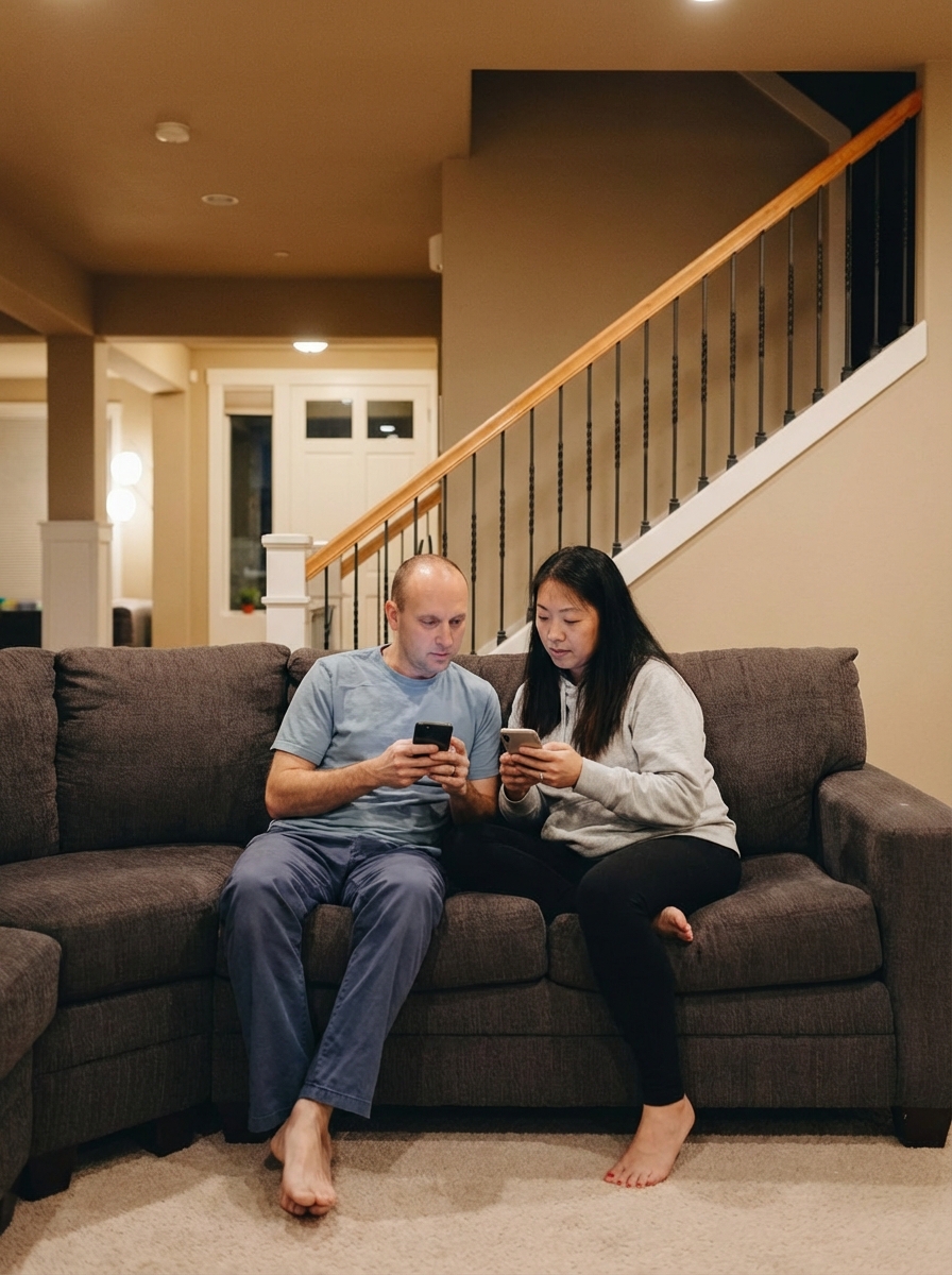 Couple planning the week together on the couch