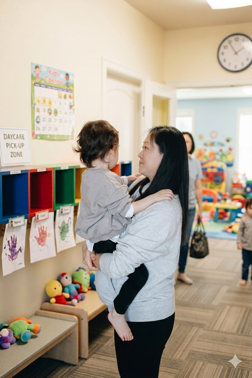 Parent picking up child at daycare